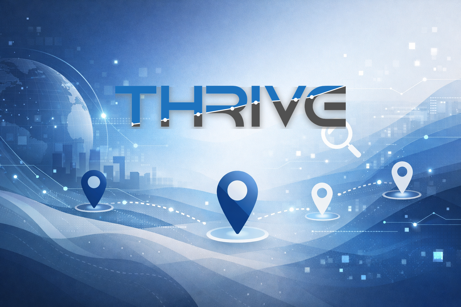 Illustration of digital map with Thrive logo and location pins representing local search and AI discovery